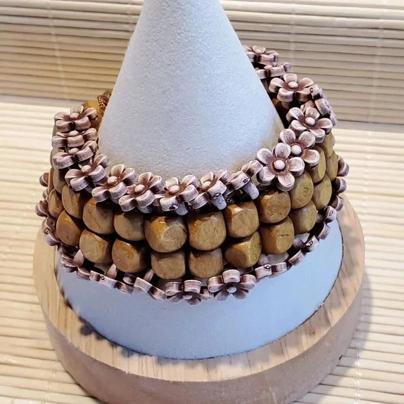 90s Y2K Vintage Brown Wood Mauve Purple Acrylic Flower Beads Adjustable Bracelet - Picture 6 of 10